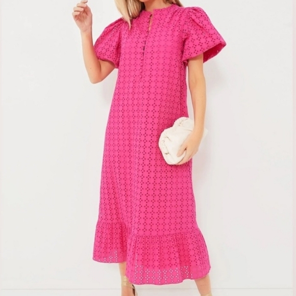 Tuckernuck Hyacinth House Tryall Preppy Eyelet Lace Ruffle Midi Dress Hot Pink S - Picture 3 of 15